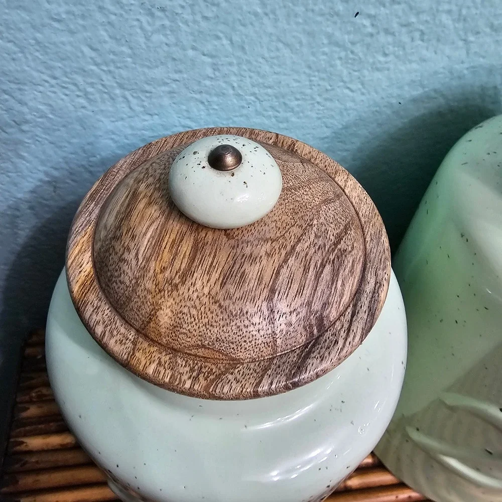 Pier 1 Imports Mint Green Speckled Ceramic Canister Set Wood Lids Farmhouse